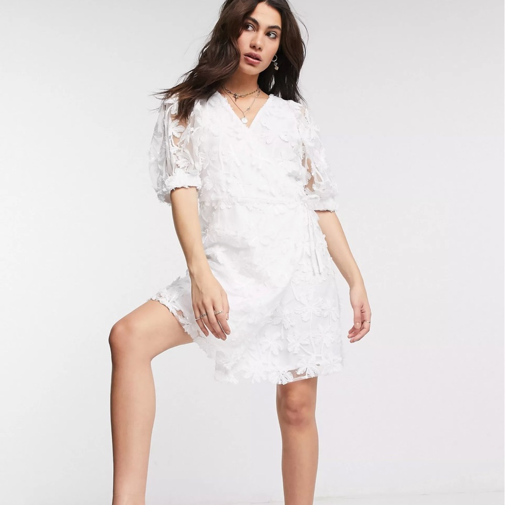 ASOS Object wrap organza dress with puff sleeves and sequin details in white